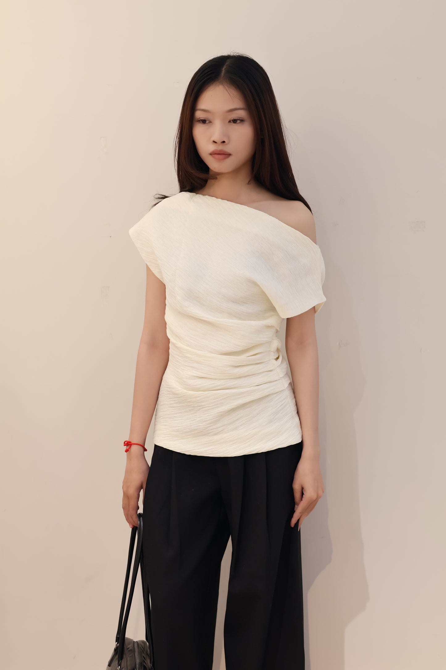 BEIGE PLEATS OFF SHOULDER TOP