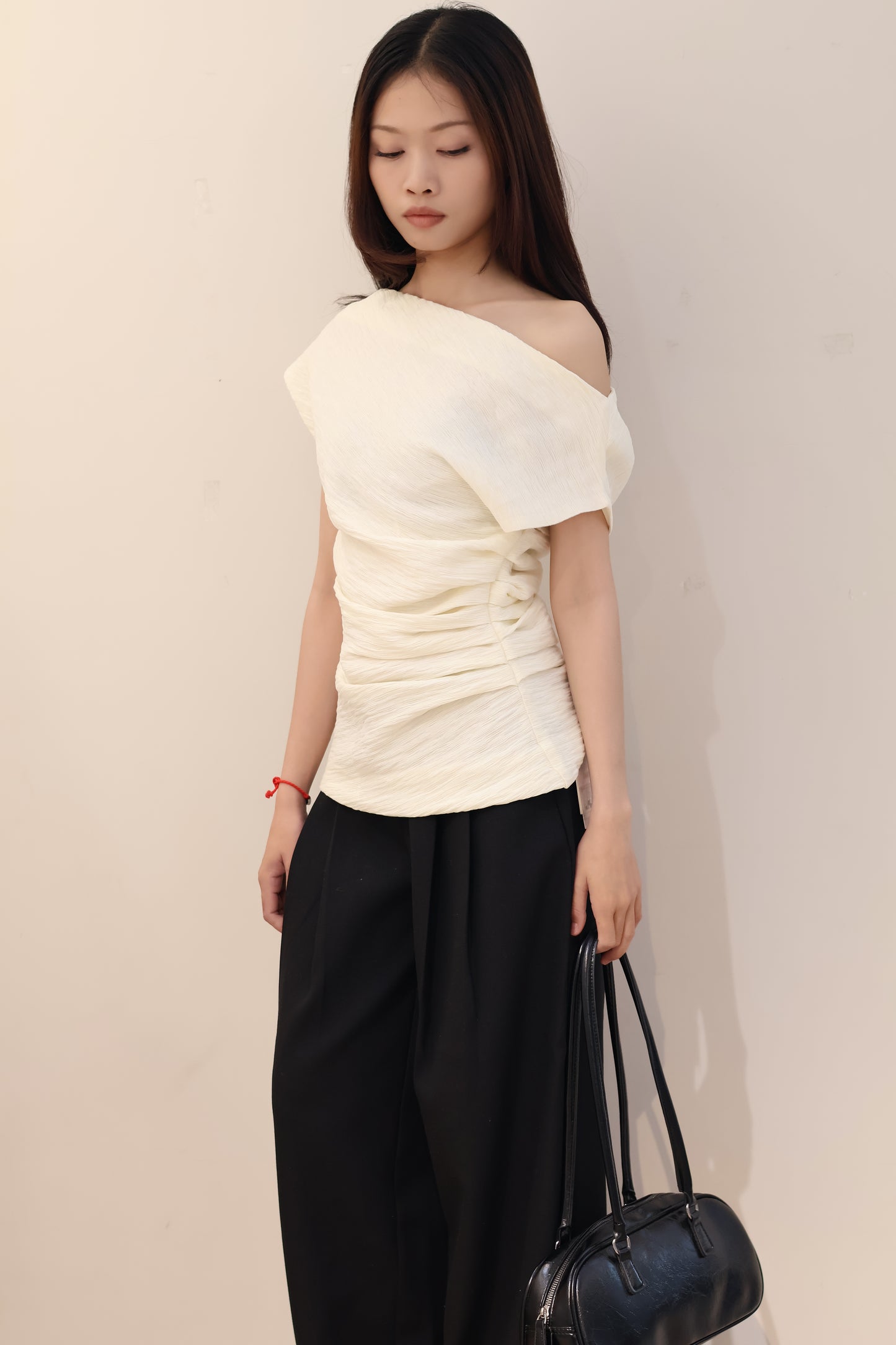 BEIGE PLEATS OFF SHOULDER TOP