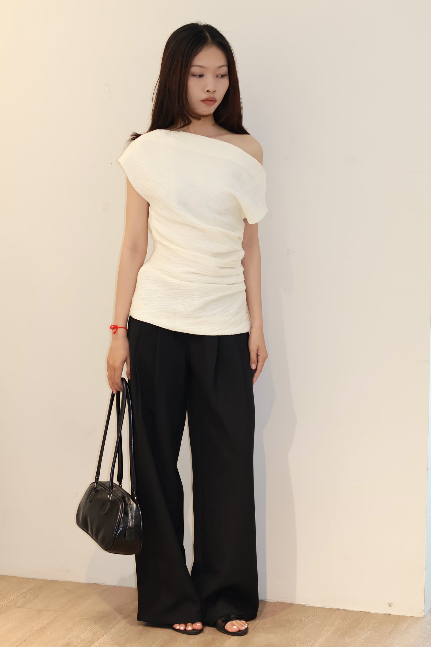 BEIGE PLEATS OFF SHOULDER TOP