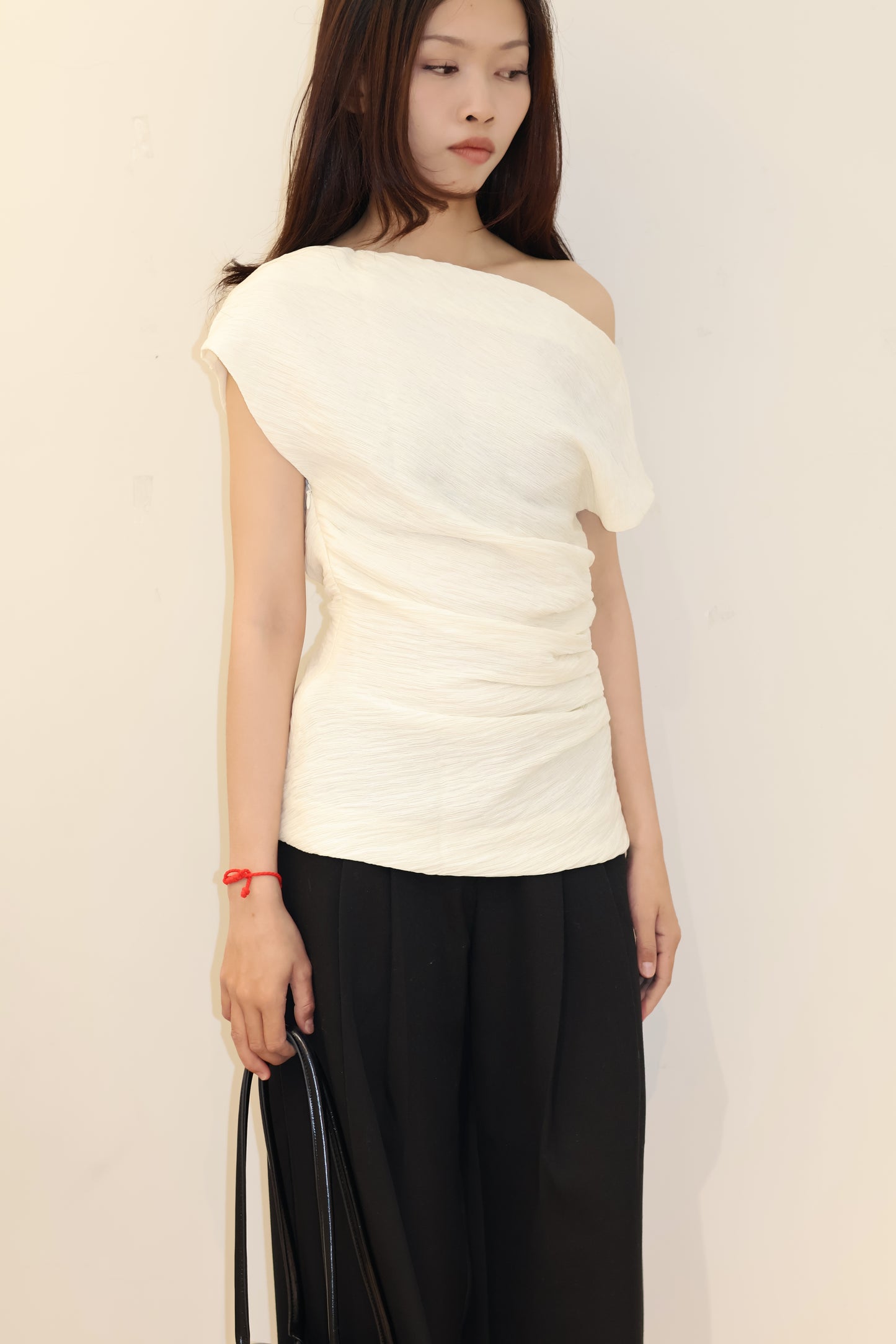 BEIGE PLEATS OFF SHOULDER TOP