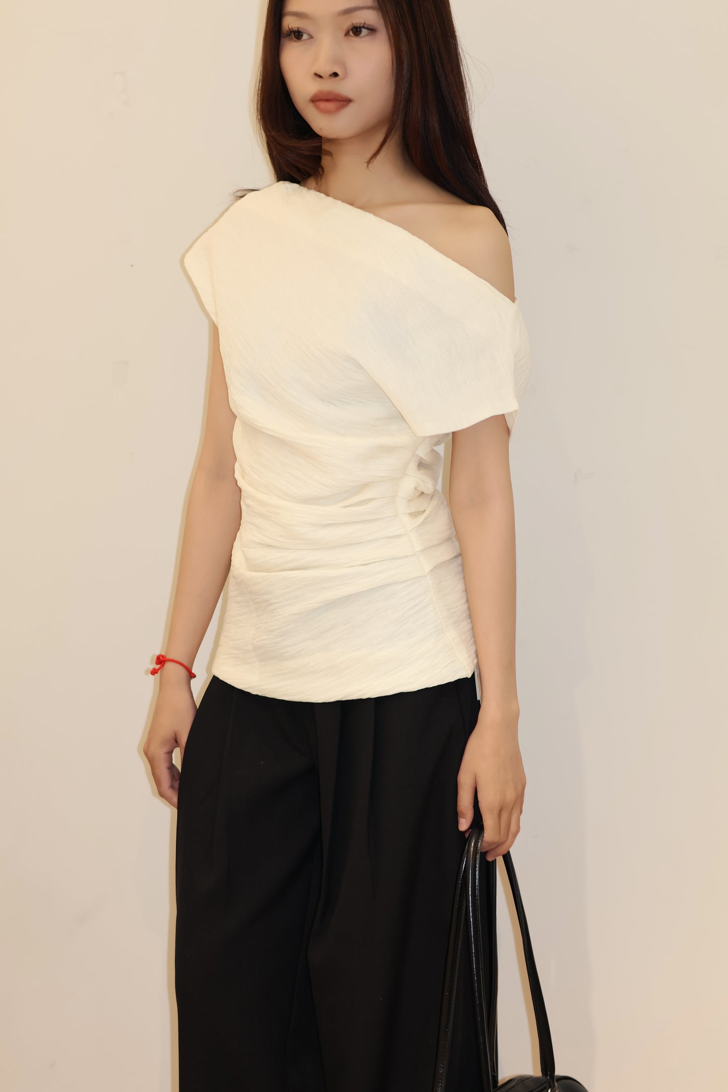 BEIGE PLEATS OFF SHOULDER TOP