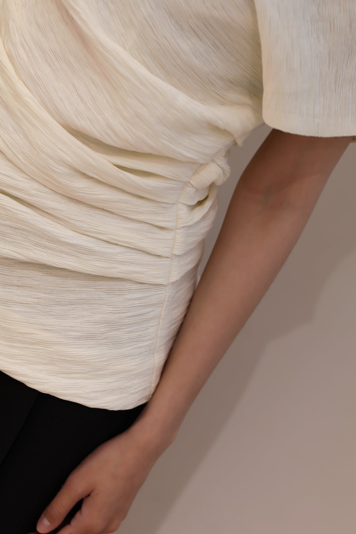 BEIGE PLEATS OFF SHOULDER TOP