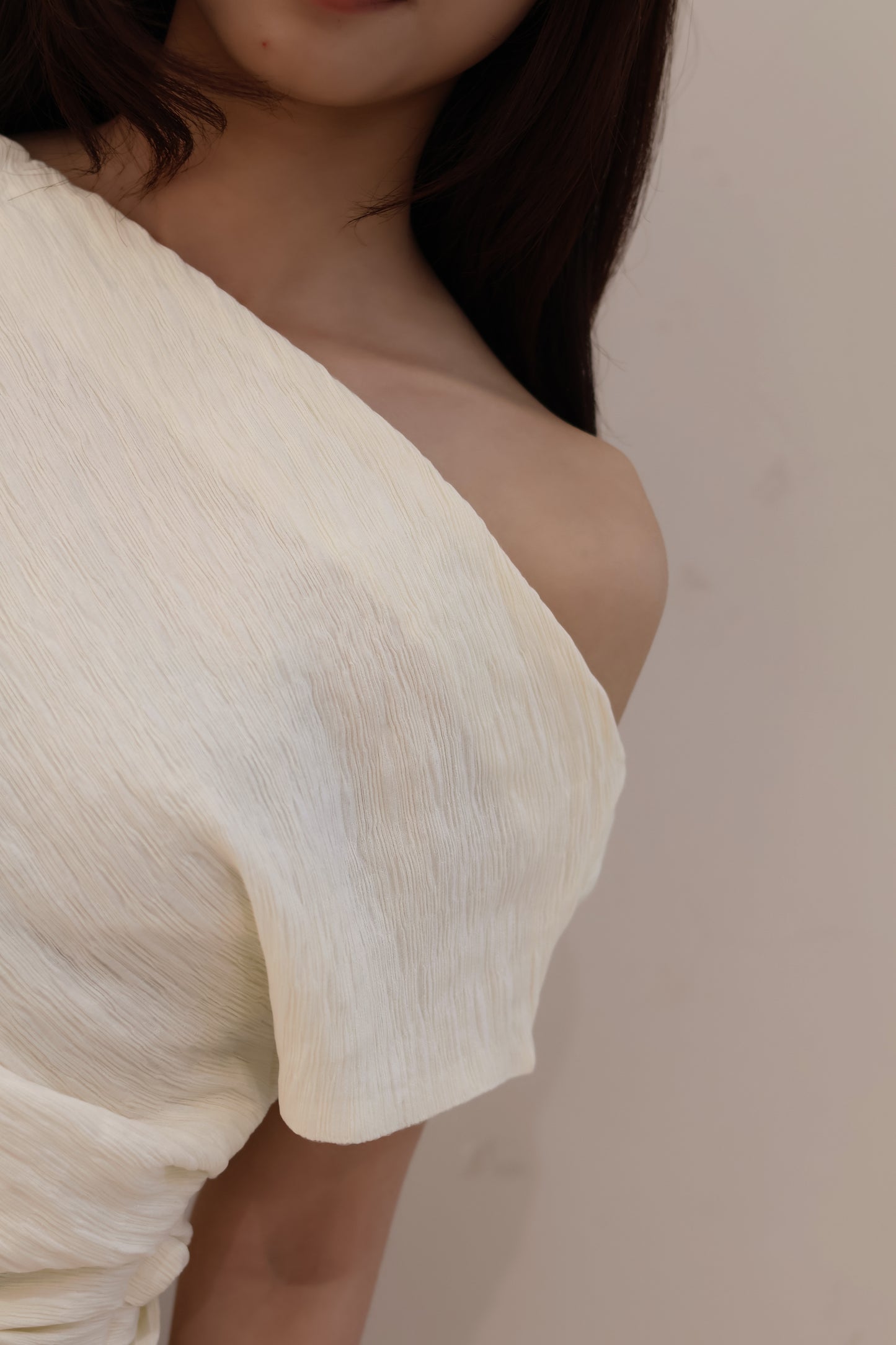 BEIGE PLEATS OFF SHOULDER TOP