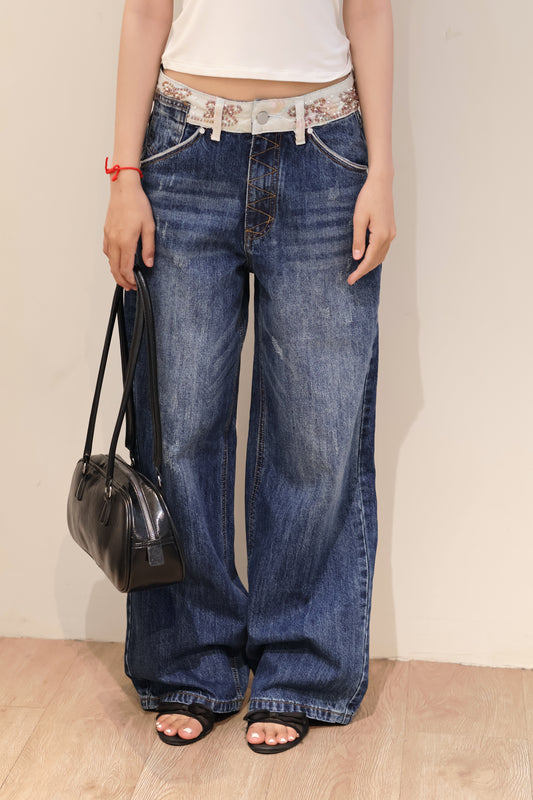 BUTTERFLY EMBROIDERED WAIST DEISGN DENIM JEANS