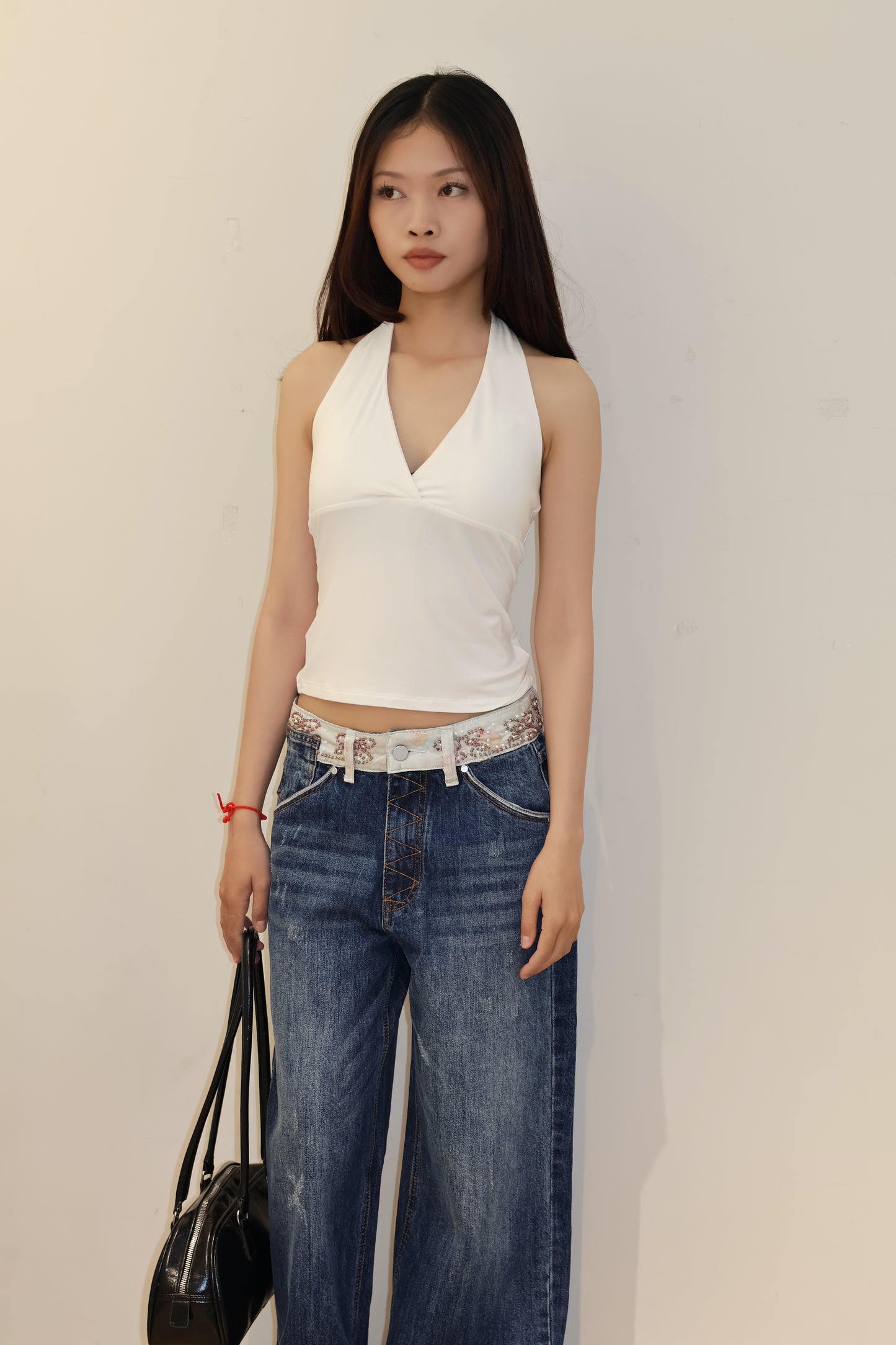 BUTTERFLY EMBROIDERED WAIST DEISGN DENIM JEANS