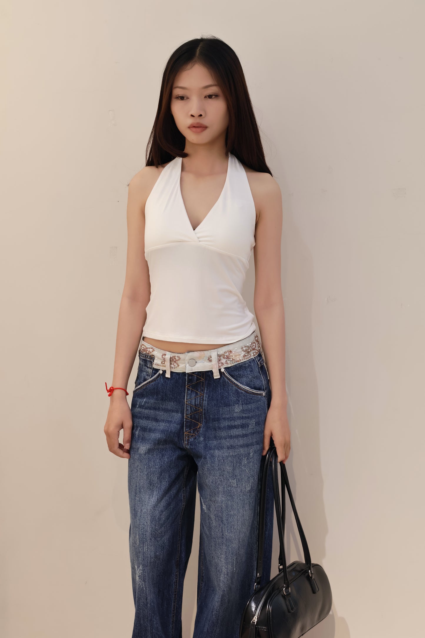 BUTTERFLY EMBROIDERED WAIST DEISGN DENIM JEANS