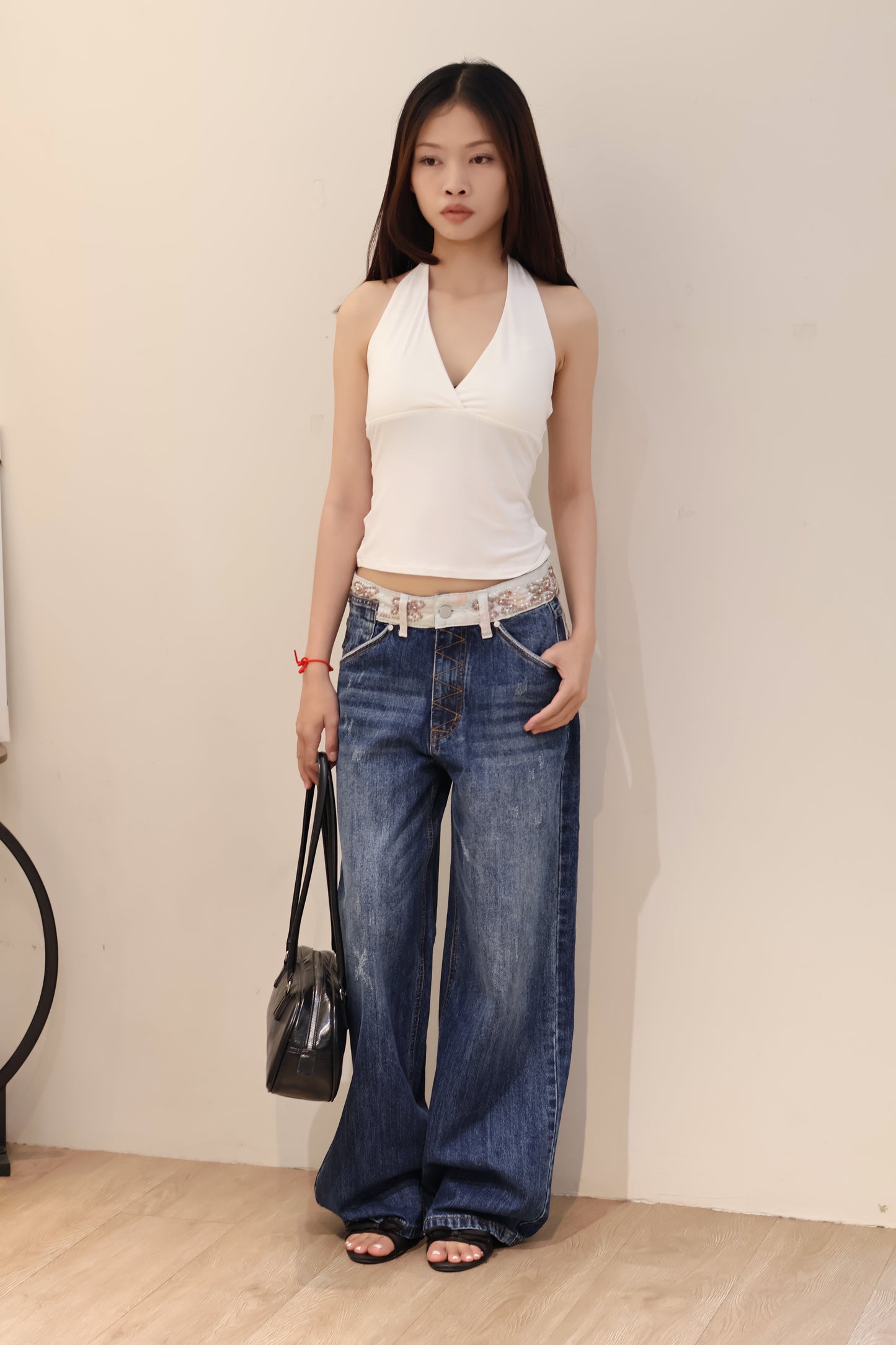BUTTERFLY EMBROIDERED WAIST DEISGN DENIM JEANS