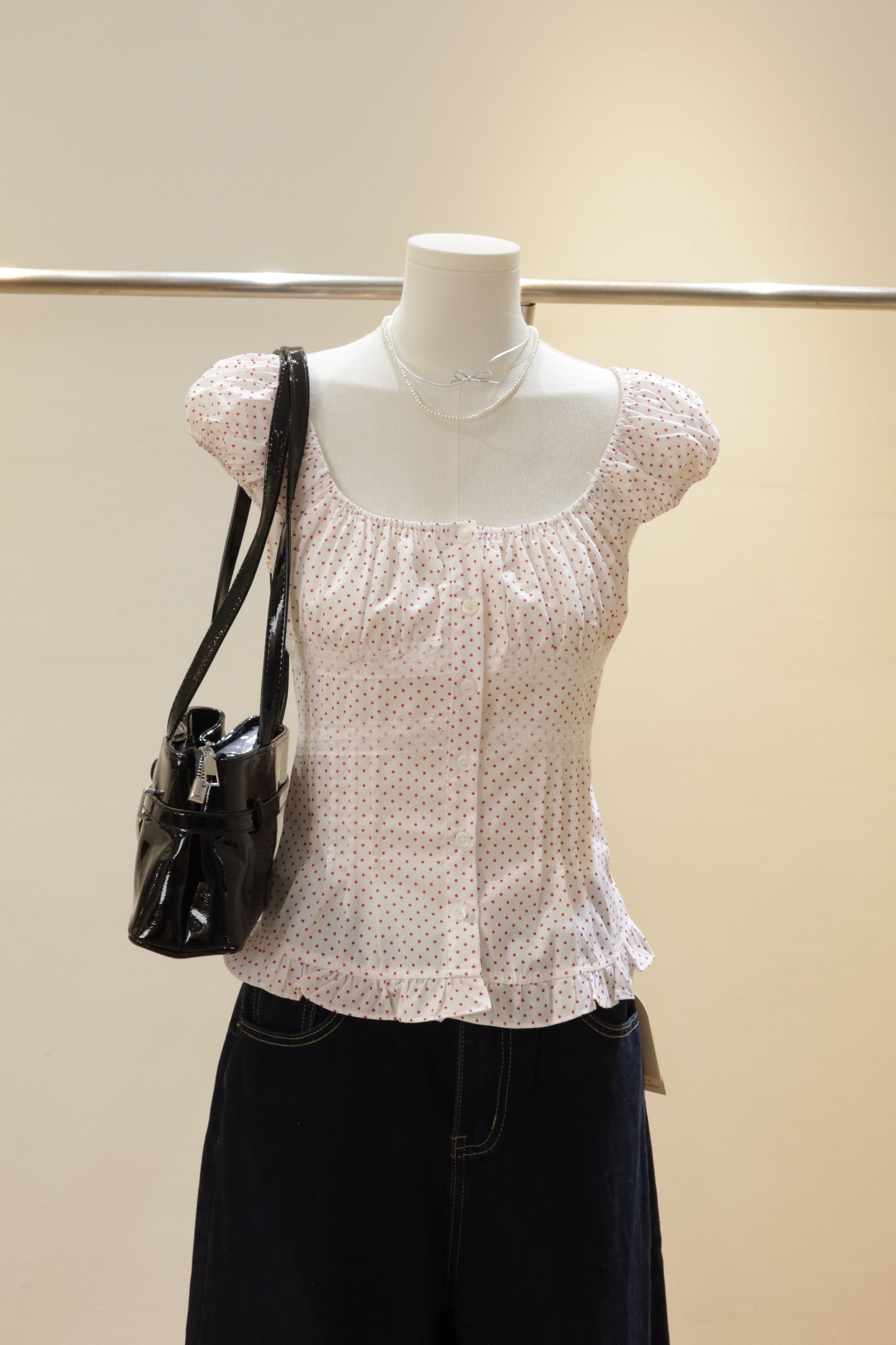 Red polkadot white top