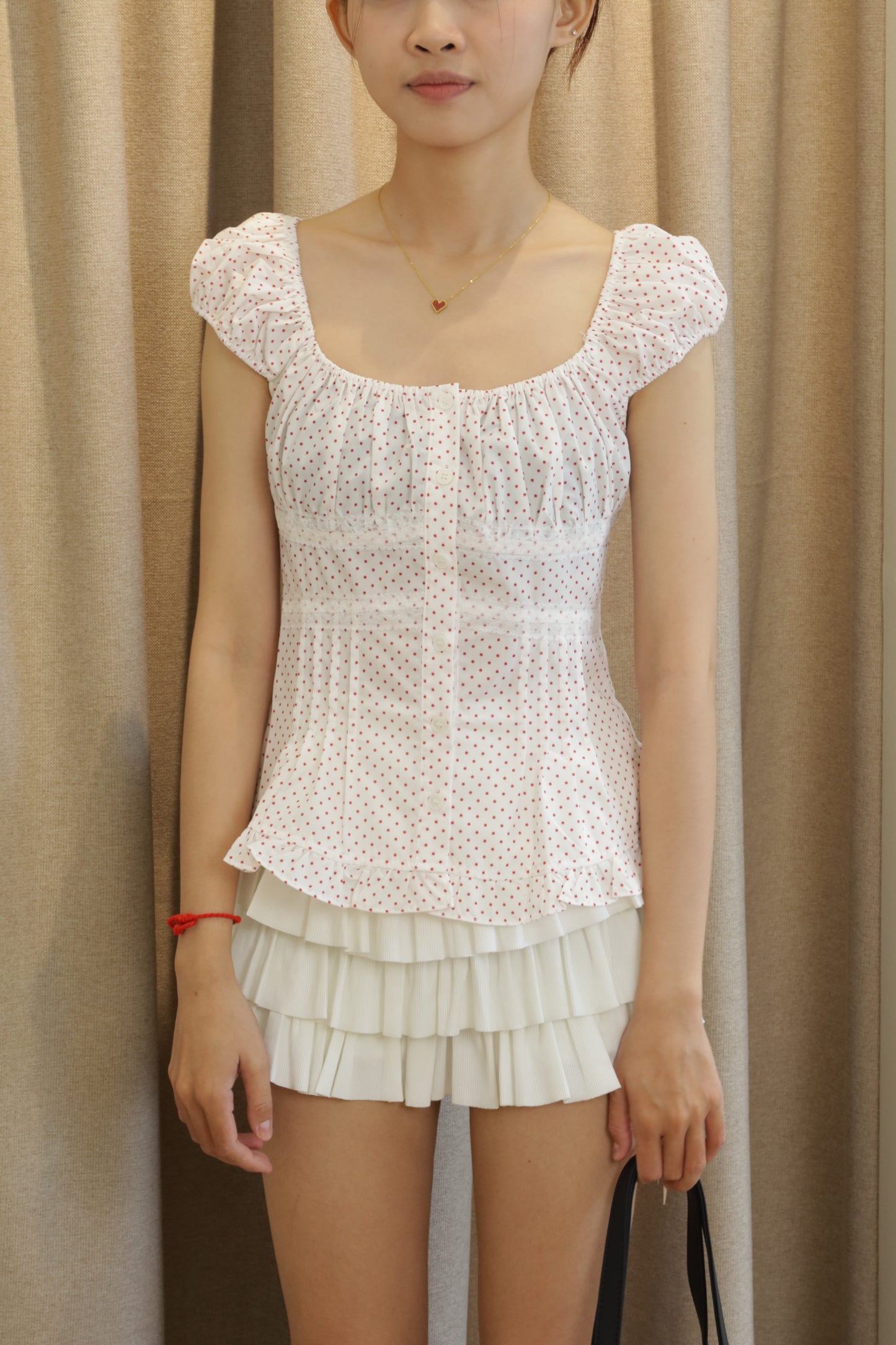 Red polkadot white top