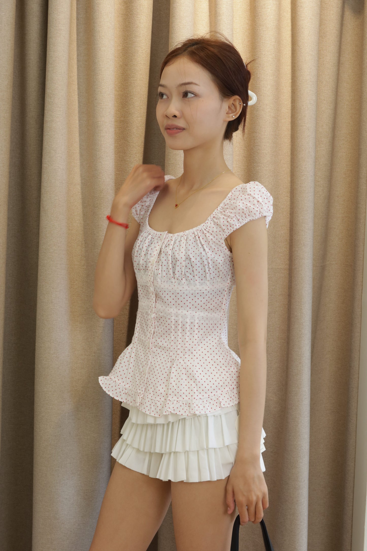 Red polkadot white top