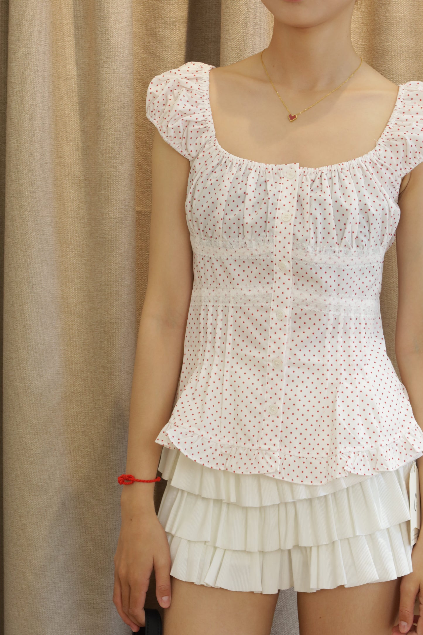 Red polkadot white top