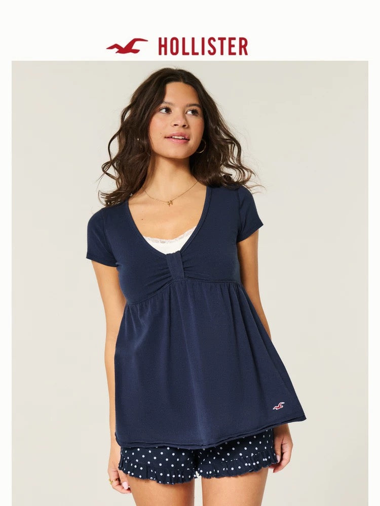 HOLLISTER GRAY BOW BABYDOLL TOP