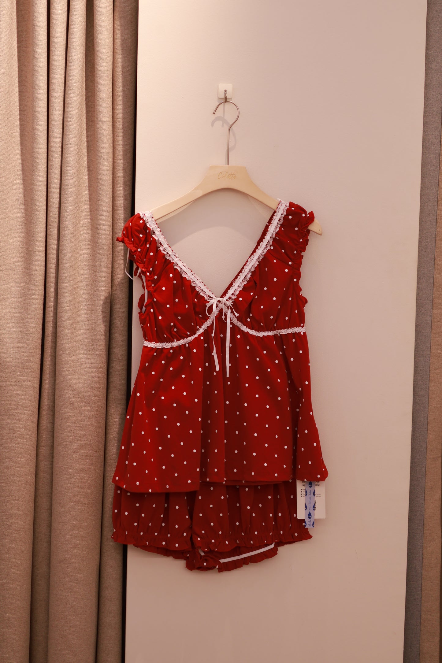 CIDER Cotton Polka Dot Bowknot Top & Mid Rise Shorts Loungewear Set
