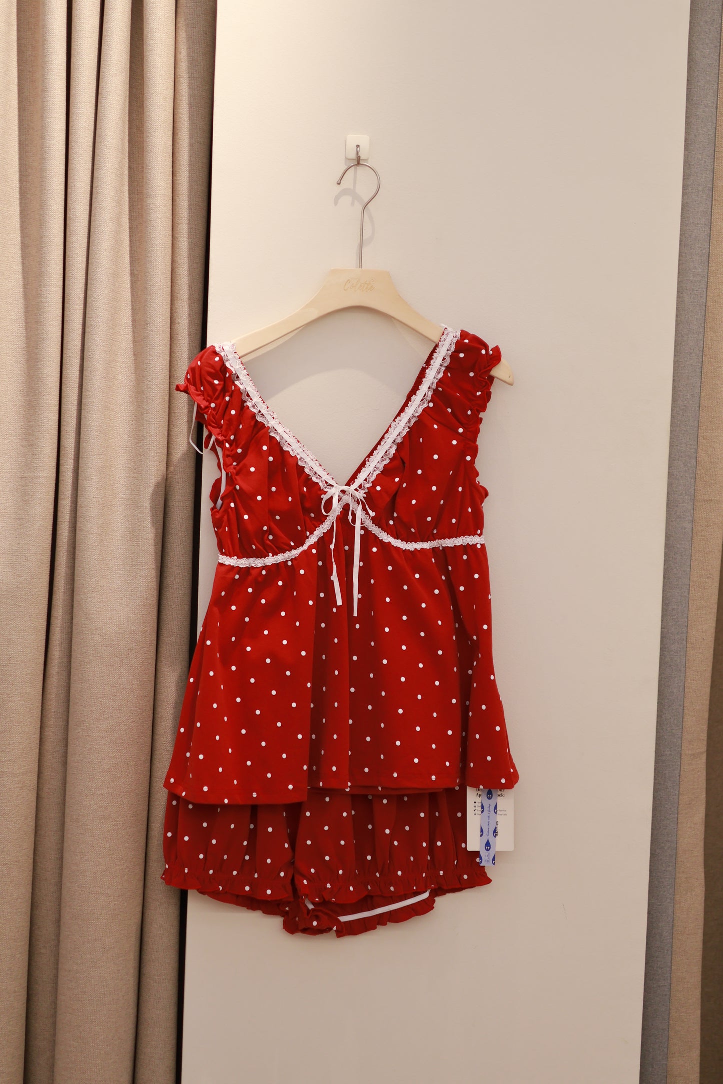 CIDER Cotton Polka Dot Bowknot Top & Mid Rise Shorts Loungewear Set