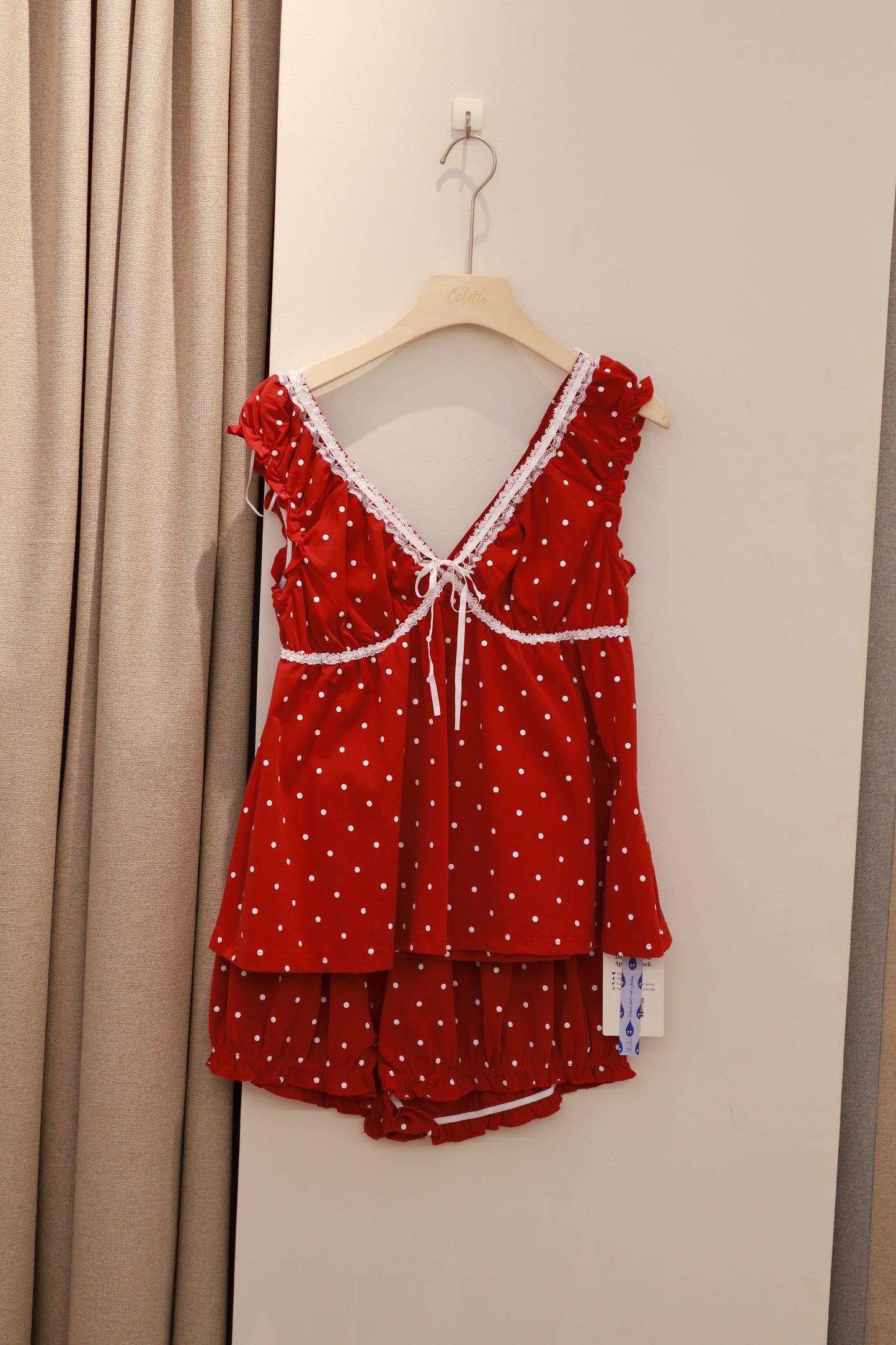 CIDER Cotton Polka Dot Bowknot Top & Mid Rise Shorts Loungewear Set