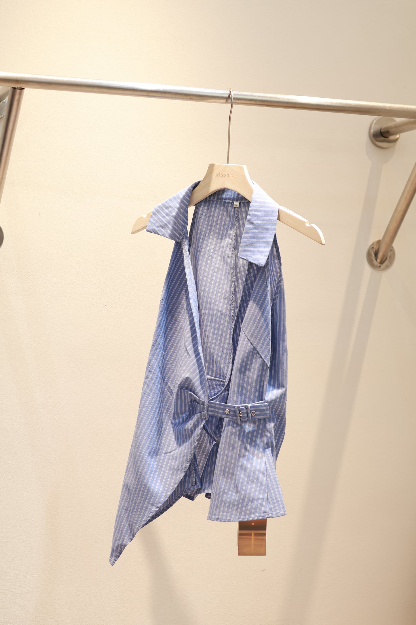 Blue striped buckled halter top