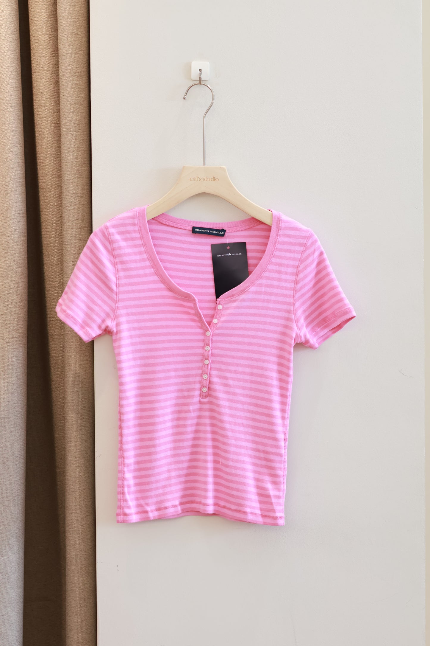BRANDY PINK STRIPED BUTTON TEE
