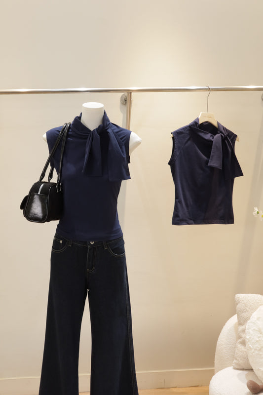 Navy sleeveless bow top