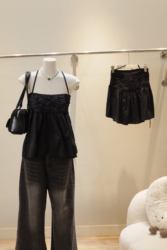Polkadot black linen halter
