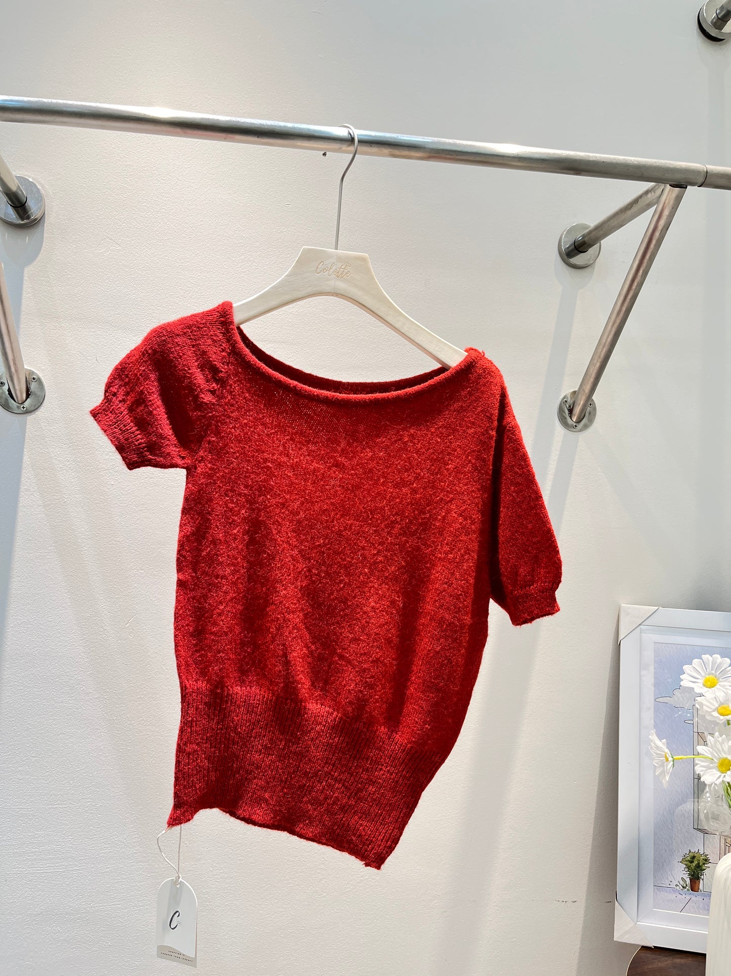 RED SHORT SLEEVE HALF SHOULDER TOP