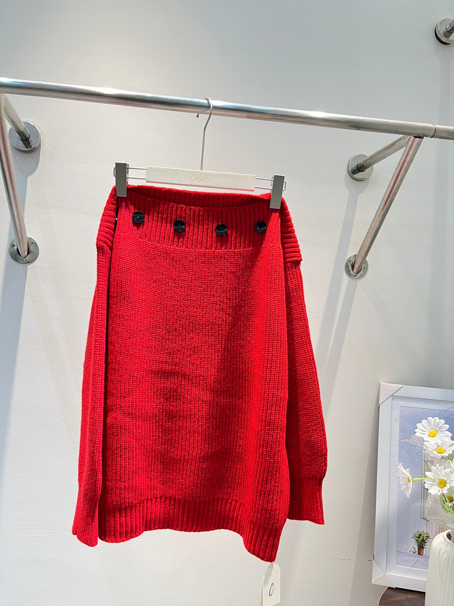 BLACK BUTTONS RED OFF SHOULDER TOP