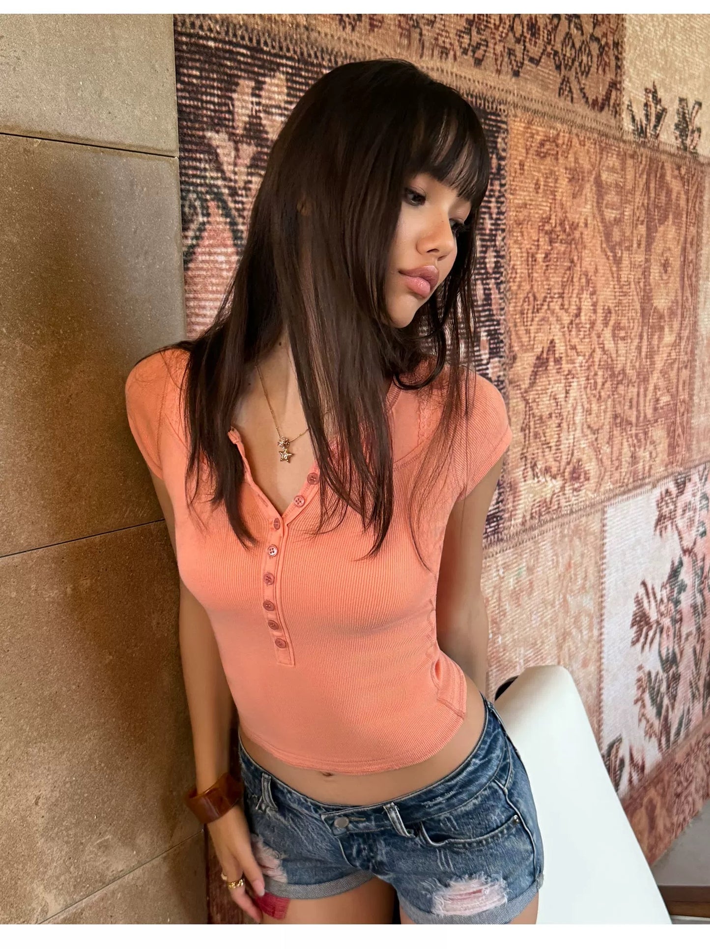 Peach Button Tee