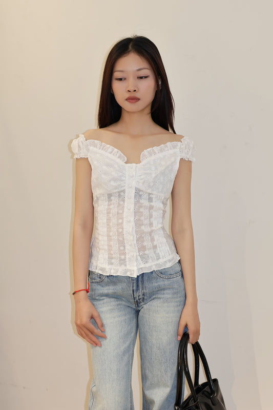 EYELET BUTTONS OFF SHOULDER TOP