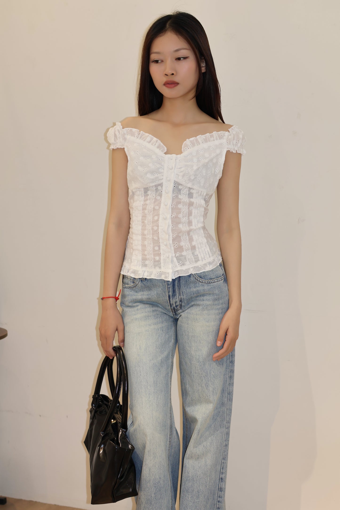EYELET BUTTONS OFF SHOULDER TOP