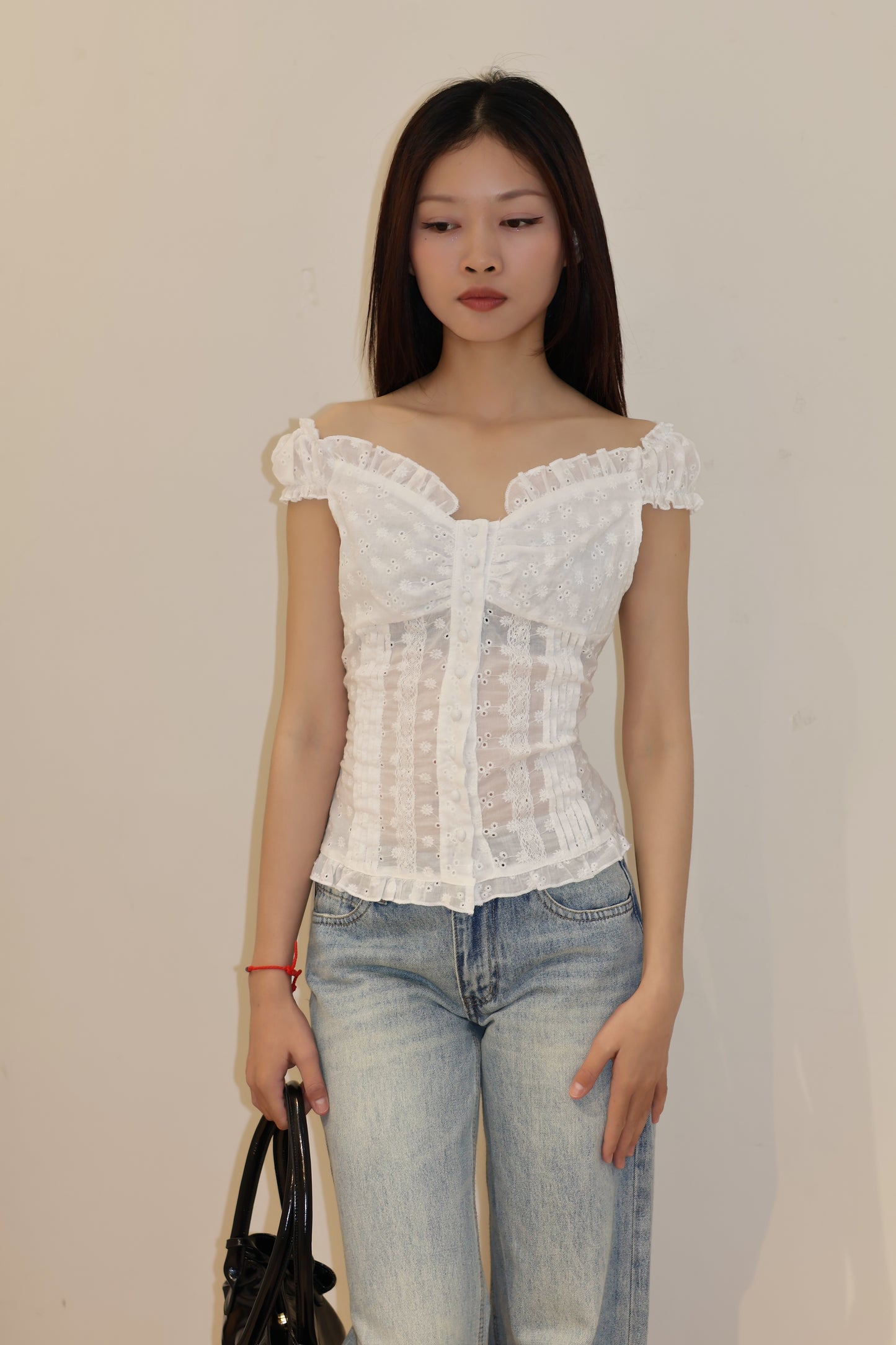 EYELET BUTTONS OFF SHOULDER TOP