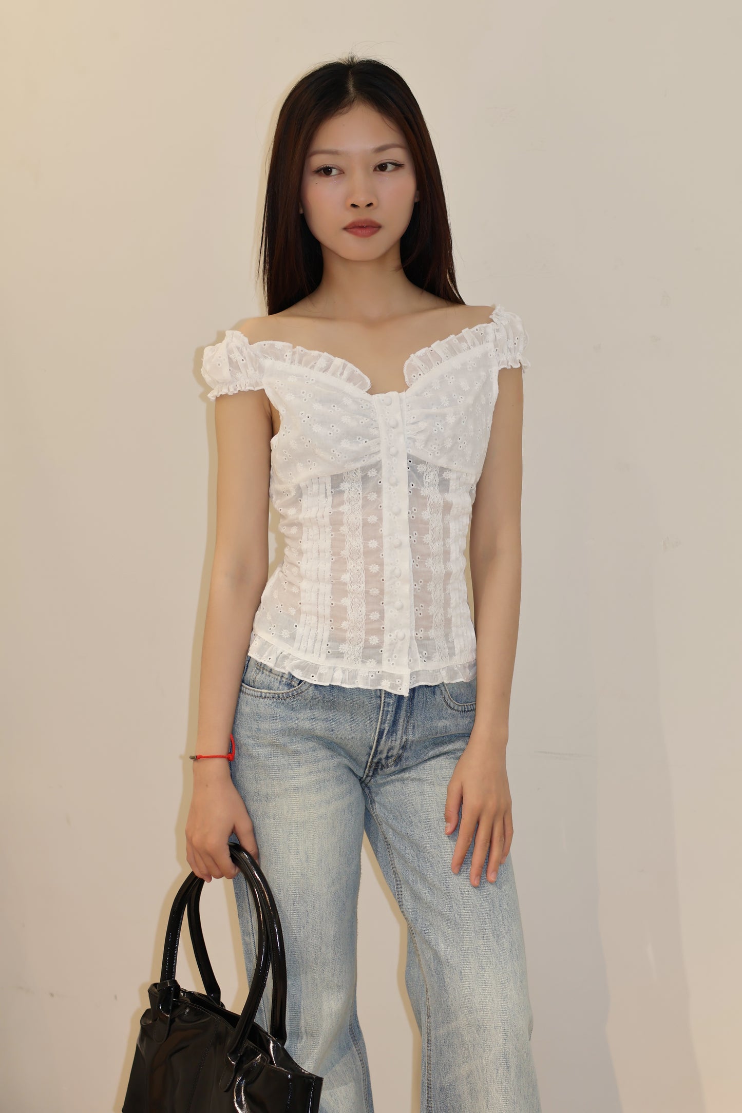 EYELET BUTTONS OFF SHOULDER TOP