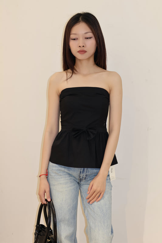 BLACK FRONT RIBBON TUBE FLOWY TOP