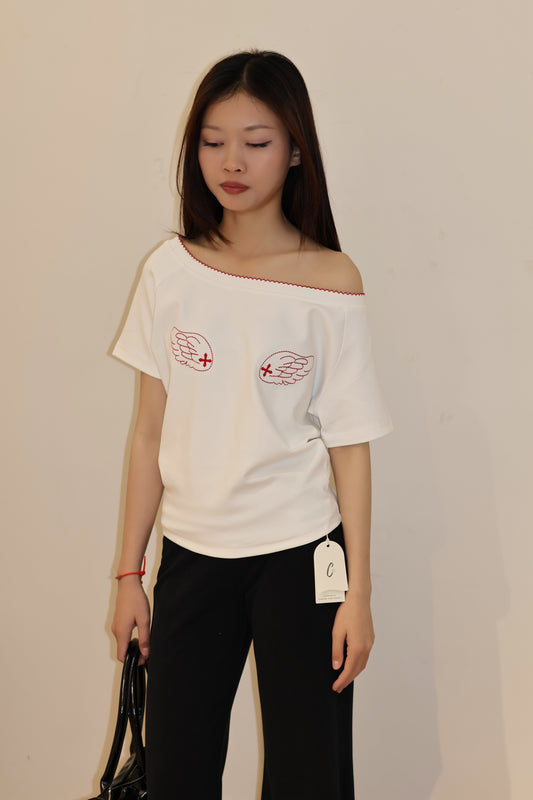 ANGEL GRAPHIC HALF SHOULDER TOP