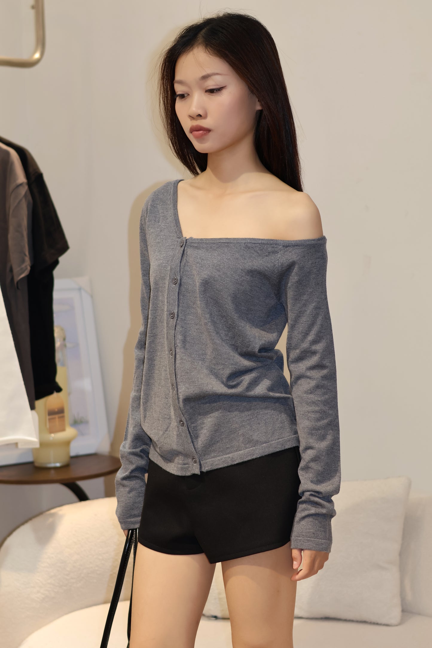 CHIC KNITTED BUTTONS HALF SHOULDER