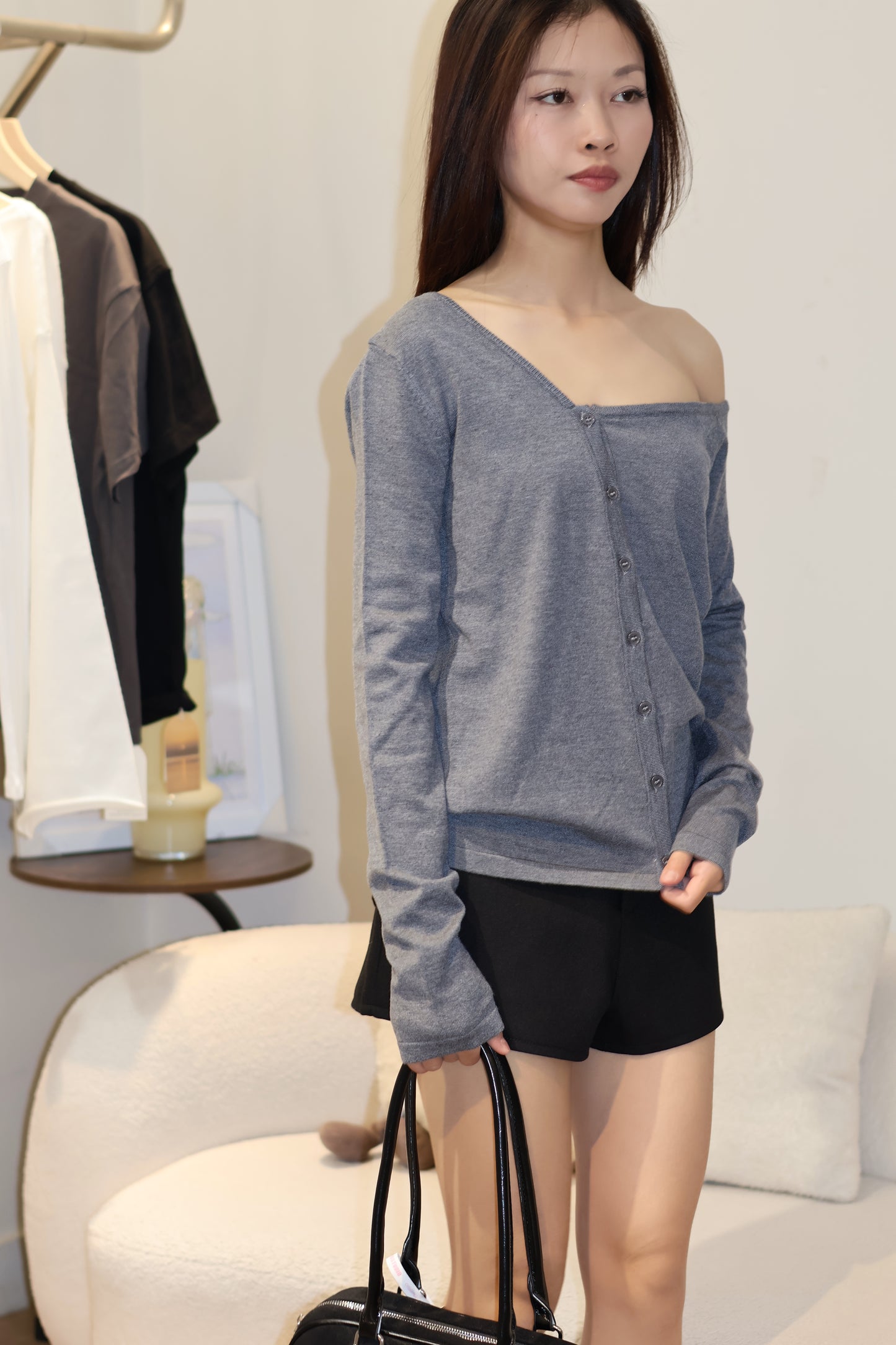 CHIC KNITTED BUTTONS HALF SHOULDER