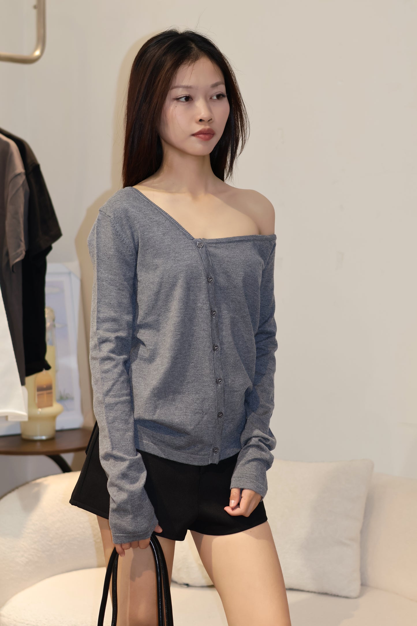 CHIC KNITTED BUTTONS HALF SHOULDER