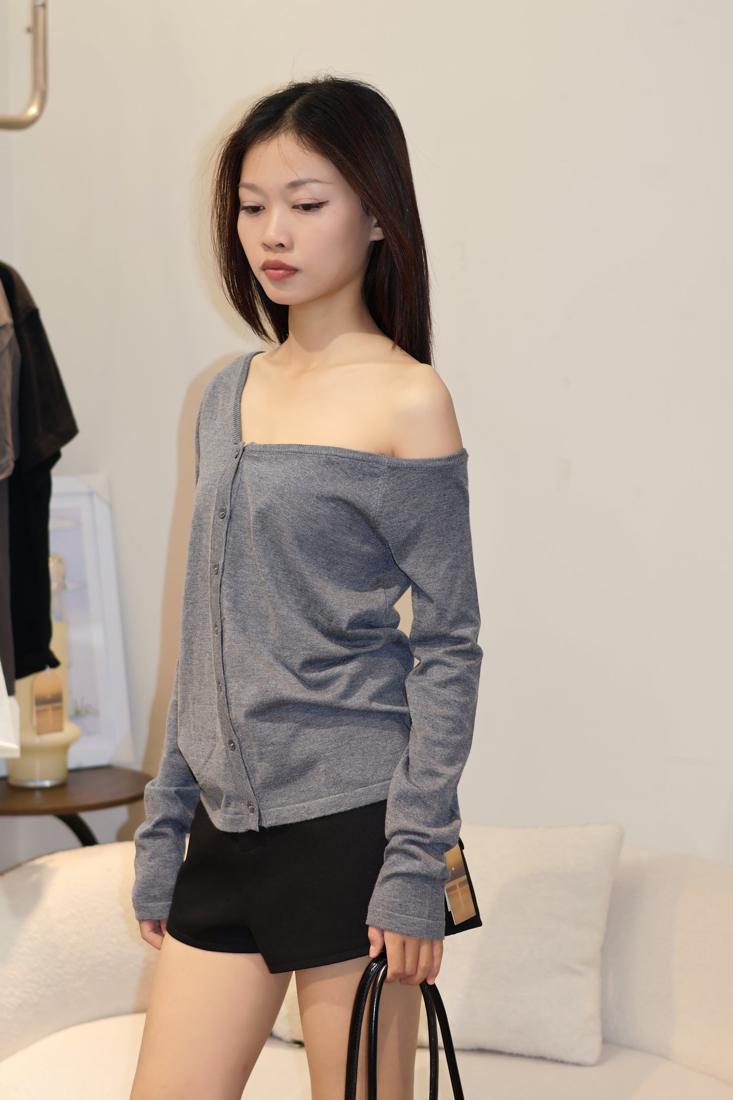 CHIC KNITTED BUTTONS HALF SHOULDER