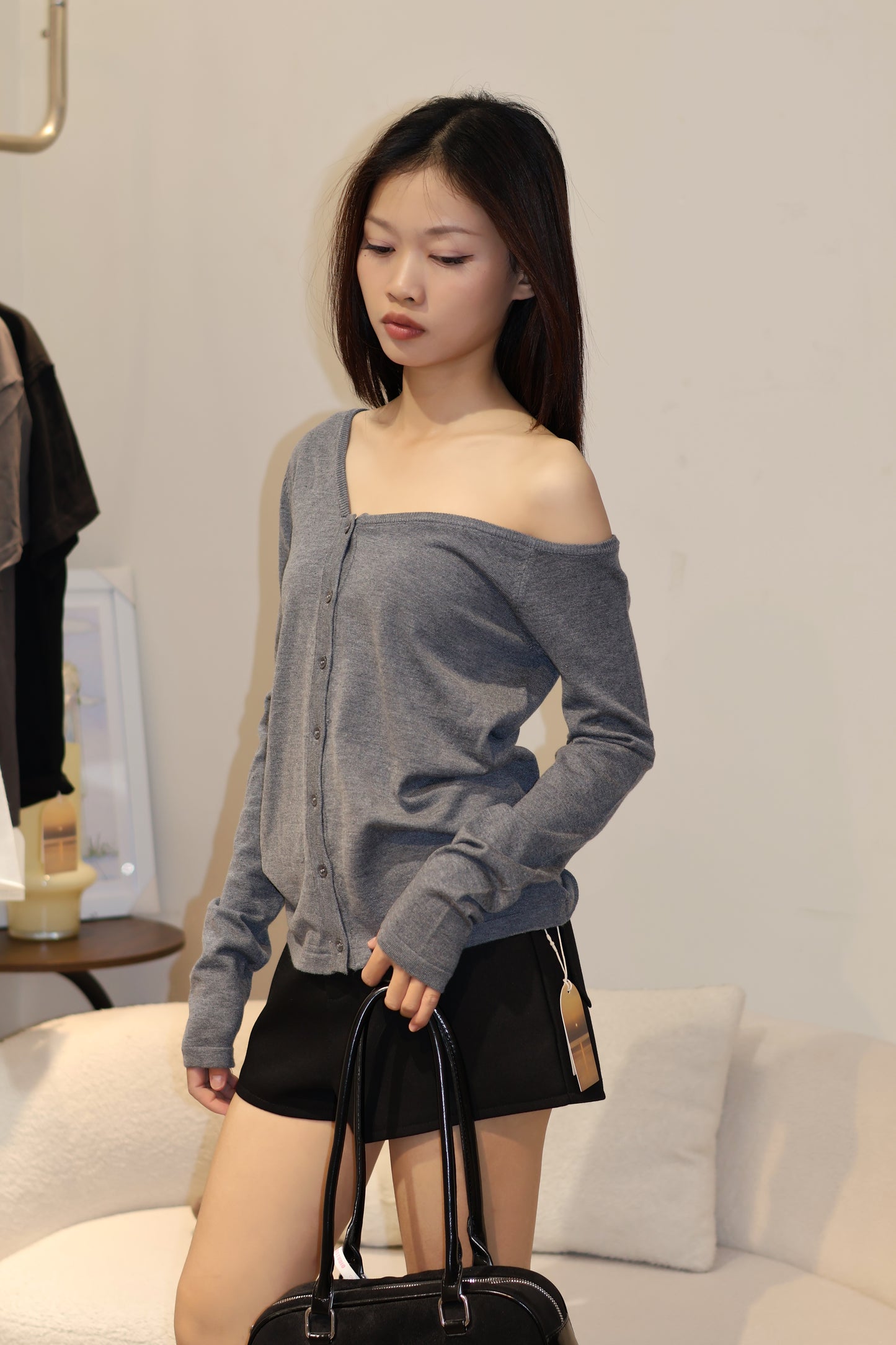 CHIC KNITTED BUTTONS HALF SHOULDER