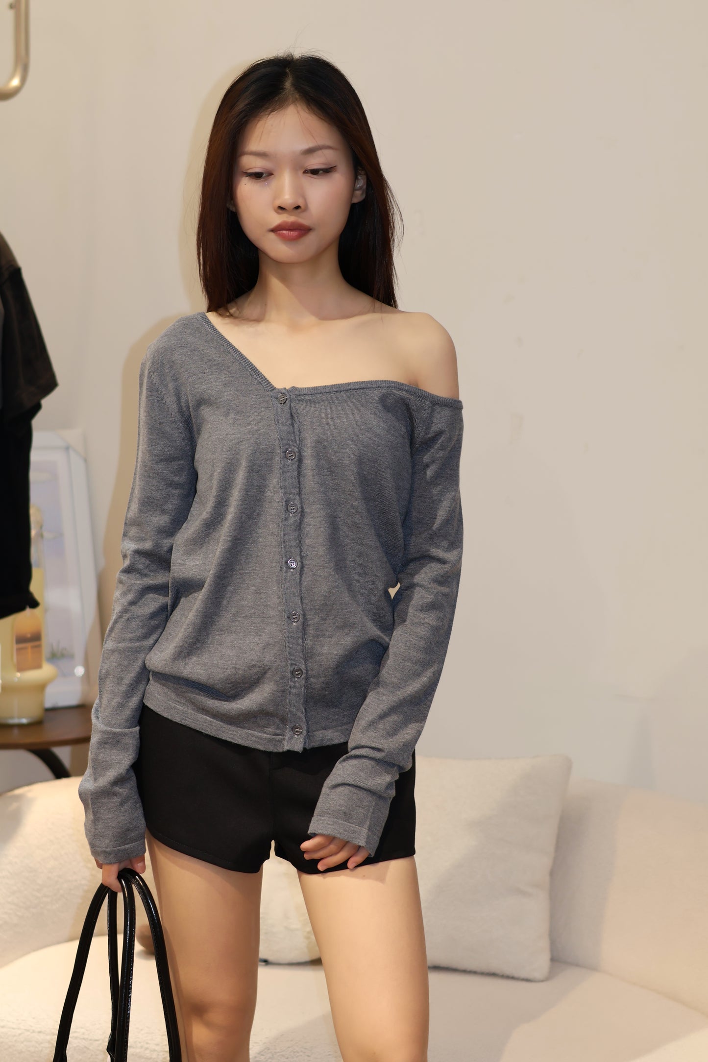 CHIC KNITTED BUTTONS HALF SHOULDER
