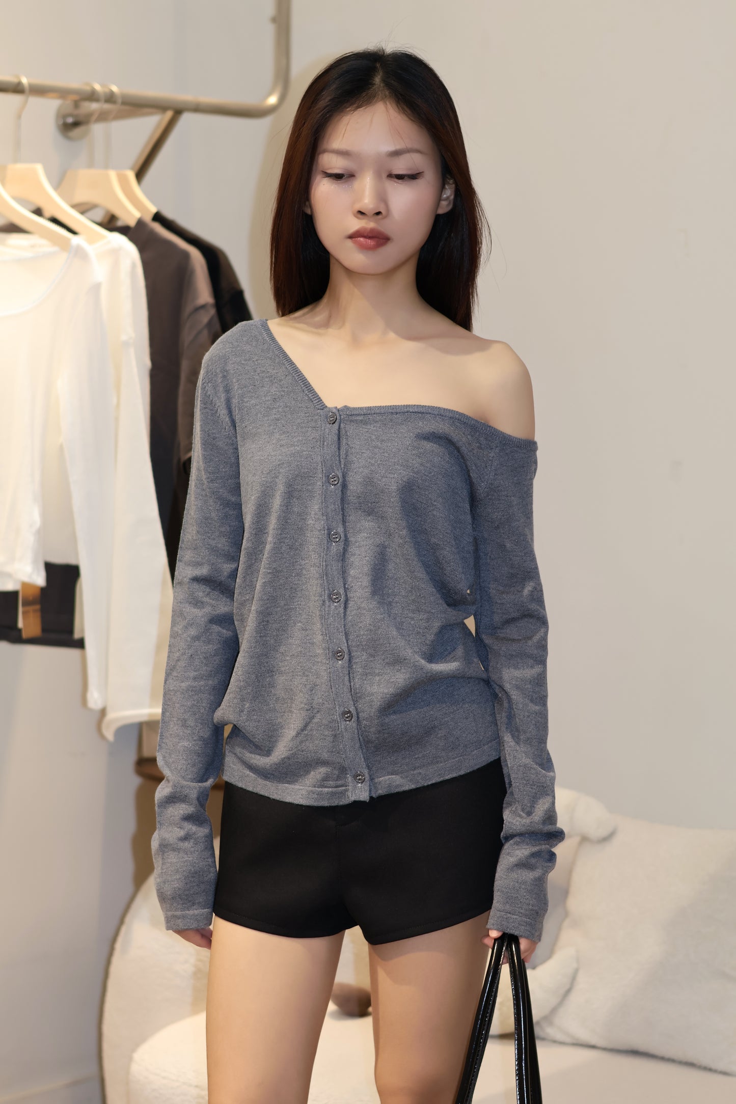 CHIC KNITTED BUTTONS HALF SHOULDER