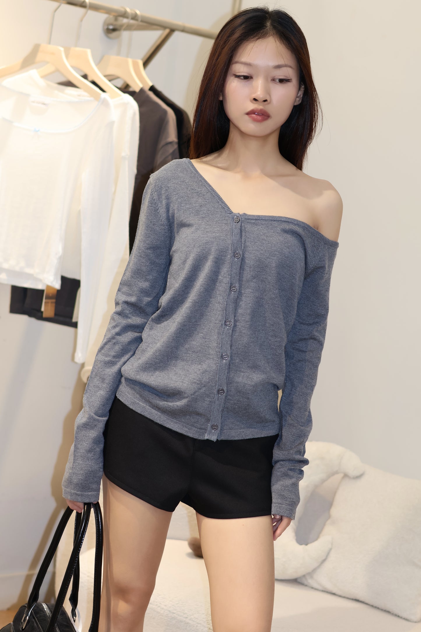CHIC KNITTED BUTTONS HALF SHOULDER