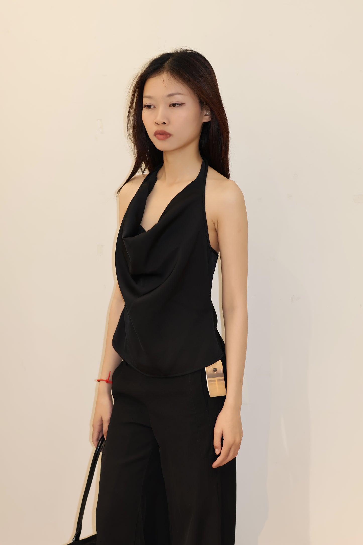 SATIN PLAIN BLACK HALTER