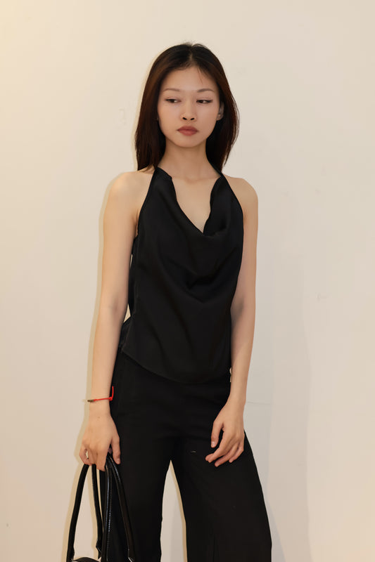 SATIN PLAIN BLACK HALTER