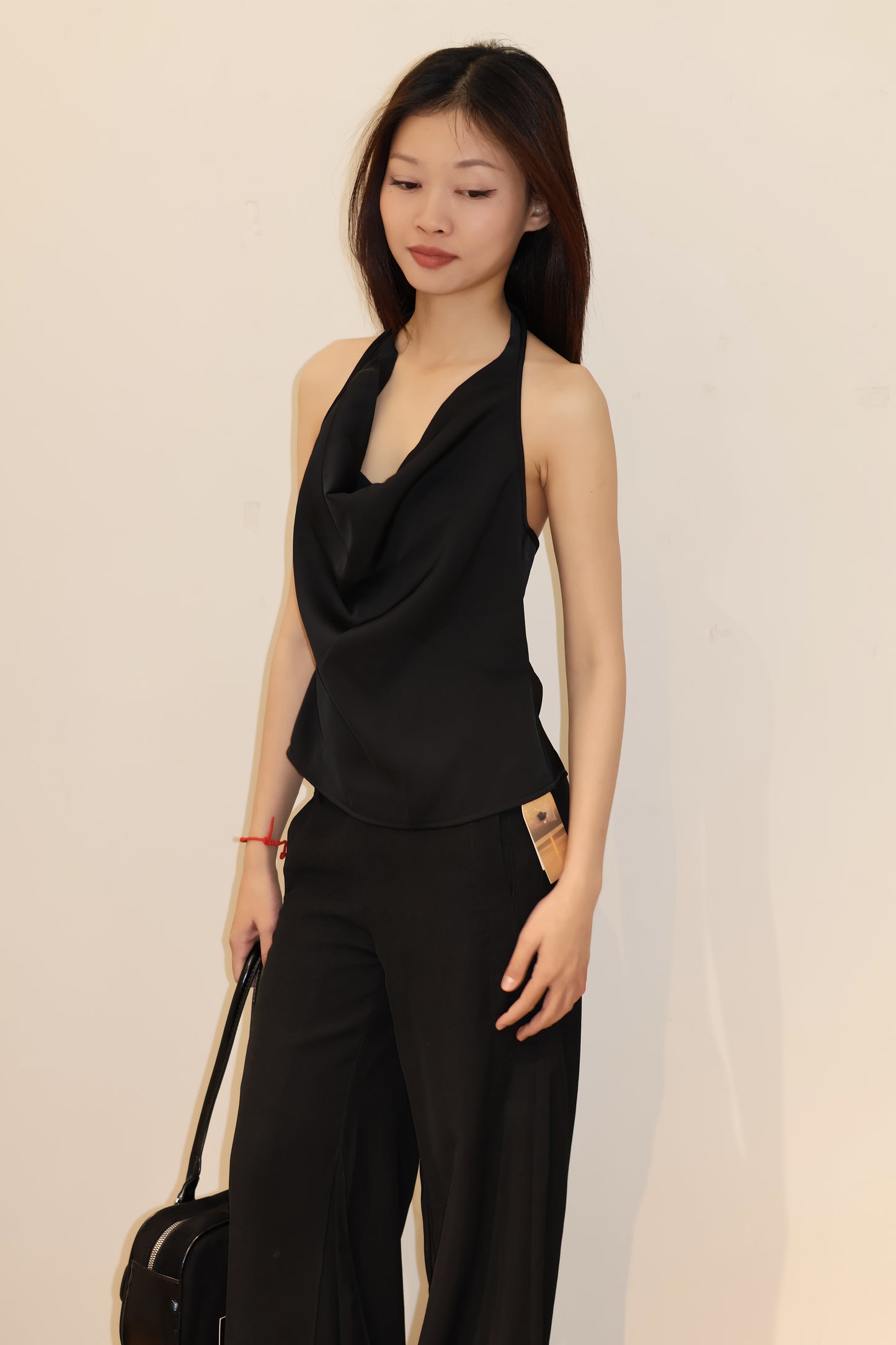 SATIN PLAIN BLACK HALTER