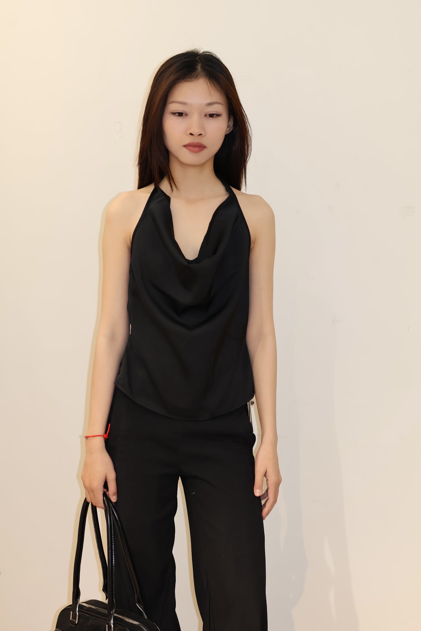SATIN PLAIN BLACK HALTER