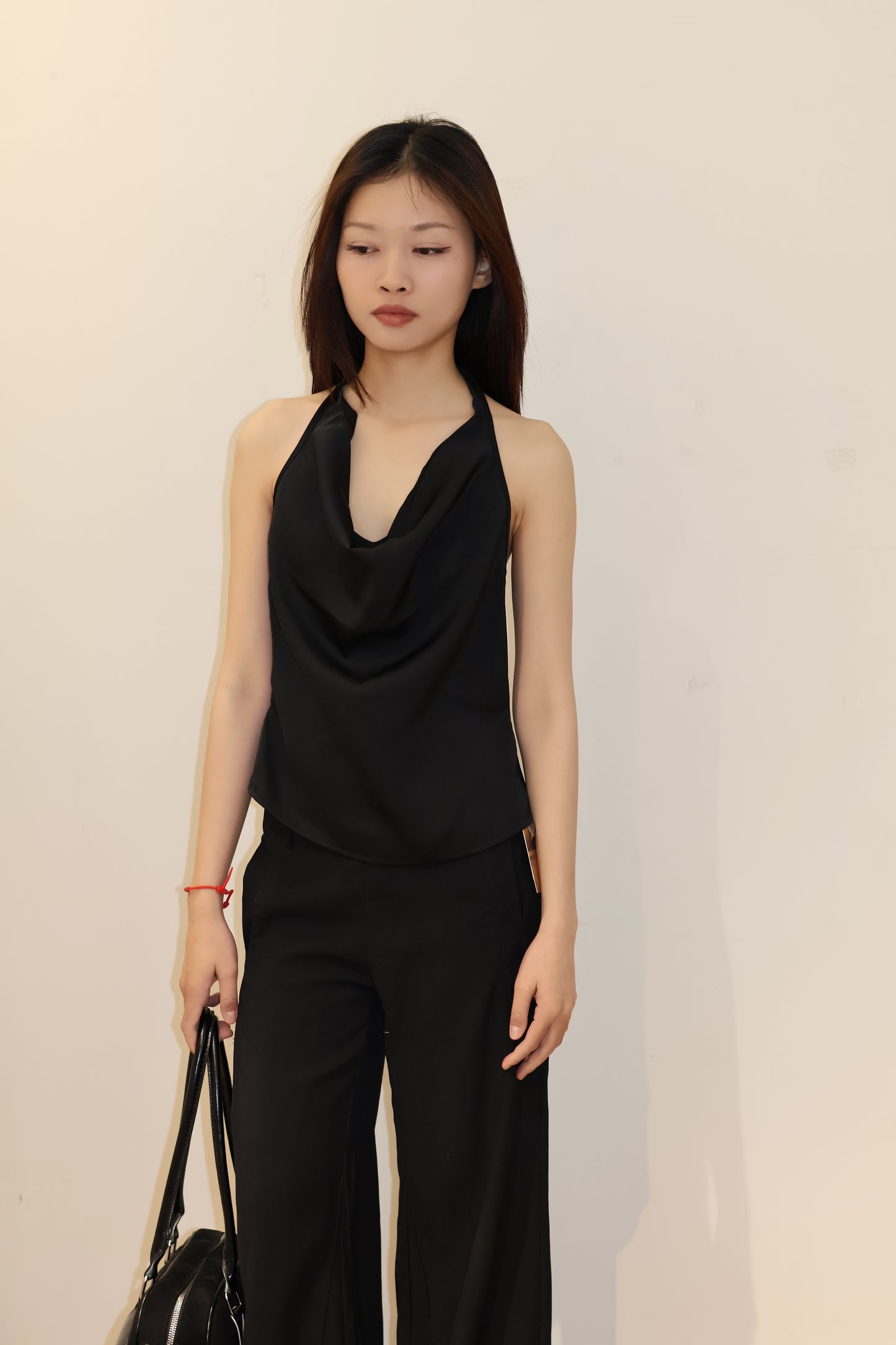 SATIN PLAIN BLACK HALTER