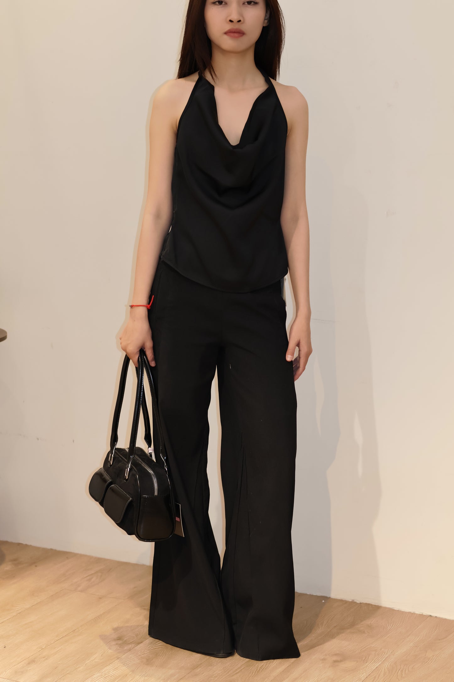 SATIN PLAIN BLACK HALTER