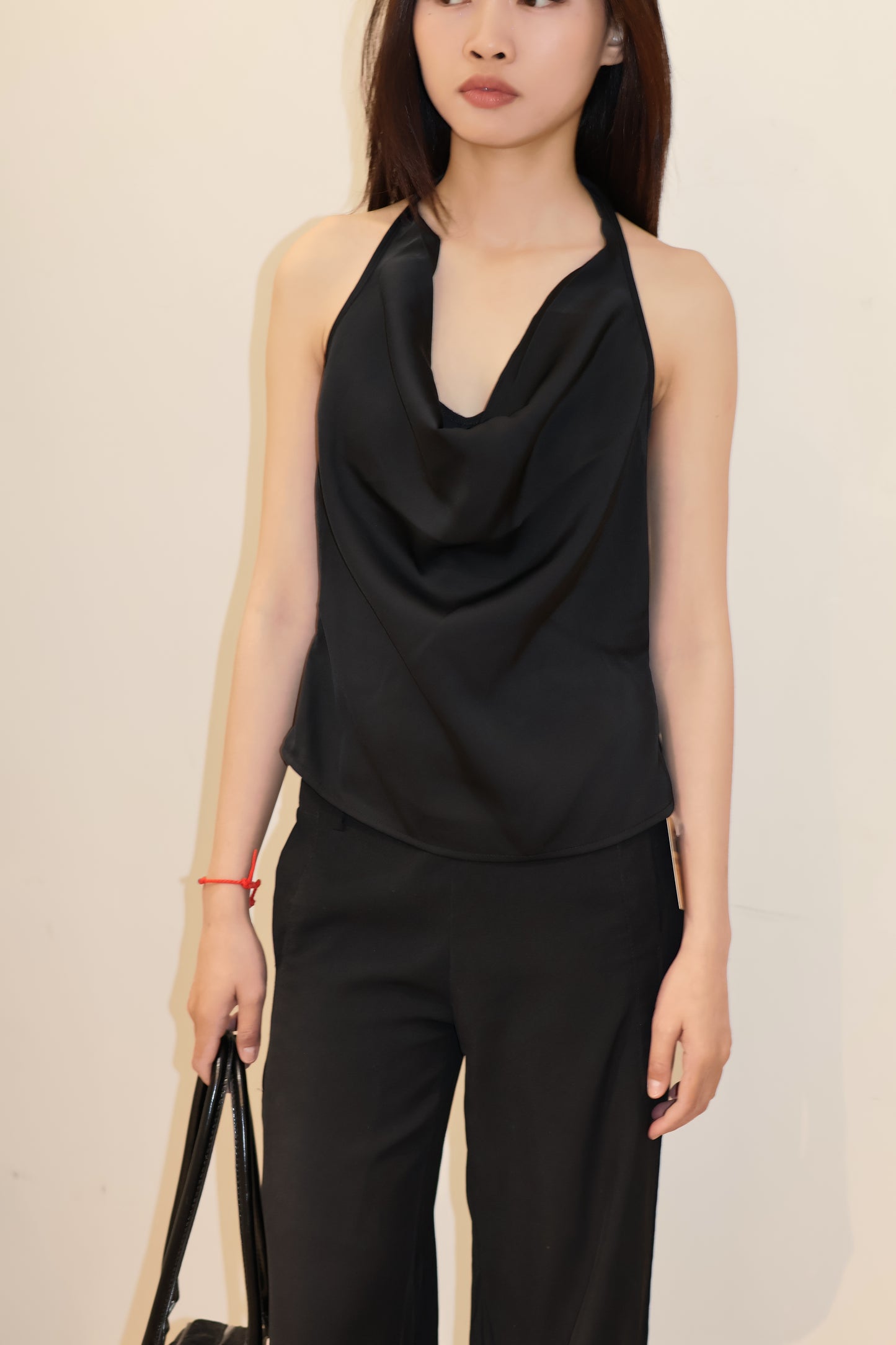 SATIN PLAIN BLACK HALTER
