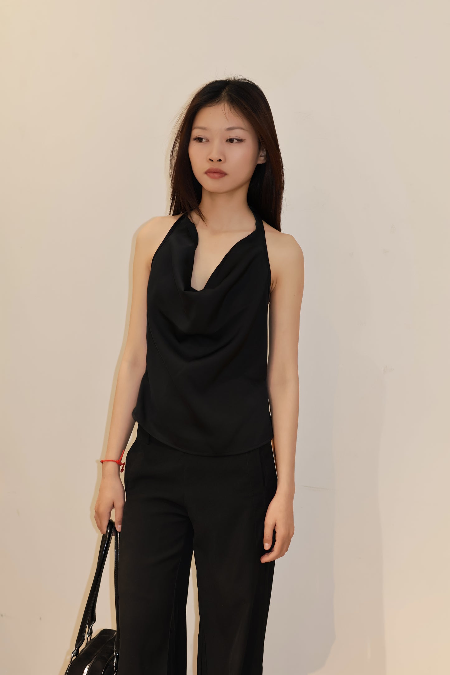 SATIN PLAIN BLACK HALTER