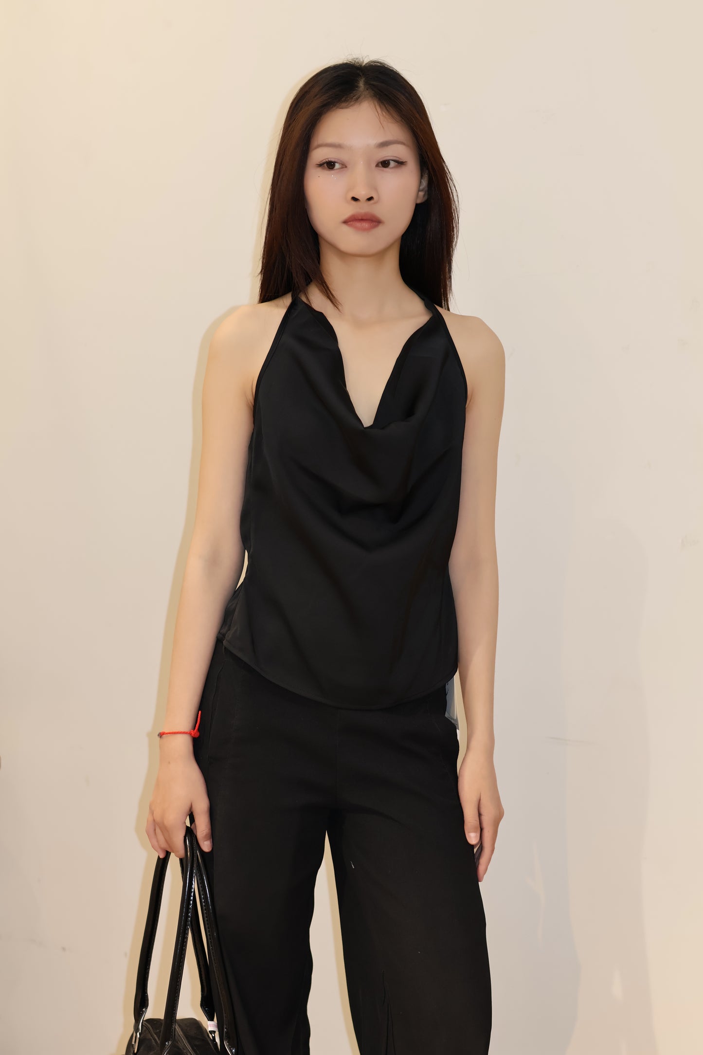 SATIN PLAIN BLACK HALTER