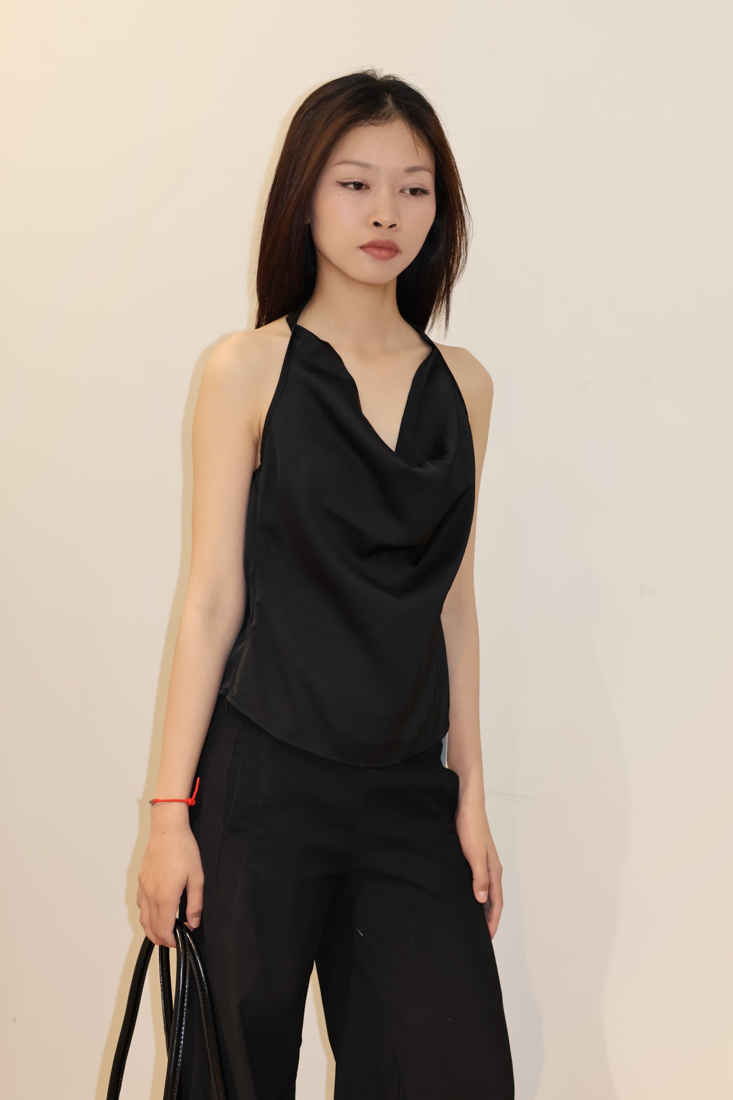 SATIN PLAIN BLACK HALTER